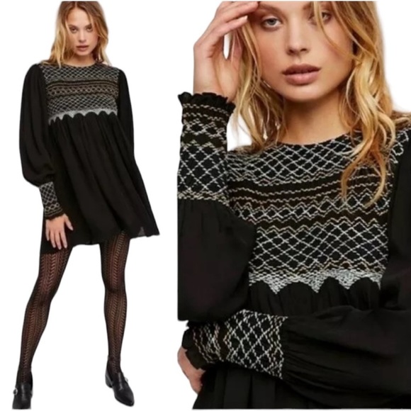 Free People Late Night Picnic Smocked Embroidered Dress CottageCore Black XS - Picture 2 of 12